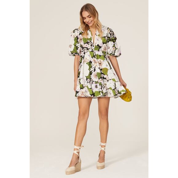 Maje Rafleur Floral Dress Ivory Green V-Neck Tiered Puff Sleeve Sz 42 EU / 10 US - Picture 1 of 16